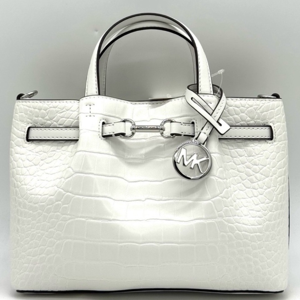 Michael Kors Carson Small Crocodile Embossed Satchel Bag Optic White